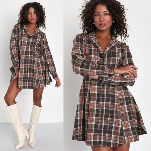 Lulus Autumnal Attitude Brown Plaid Skater Mini Dress Size XL - Picture 1 of 11